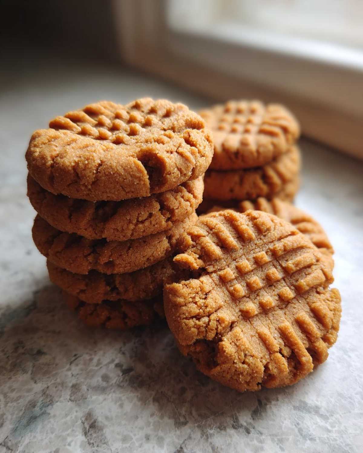 A close-up of stacked and scattered Easy Peanut Butter Cookies featuring classic fork crosshatch marks on a marble surface.