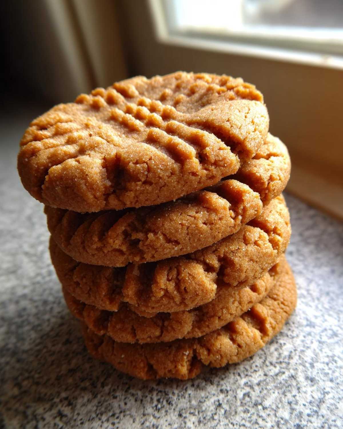 A stack of four golden brown Easy Peanut Butter Cookies showing classic crosshatch fork marks, set against a bright window background.