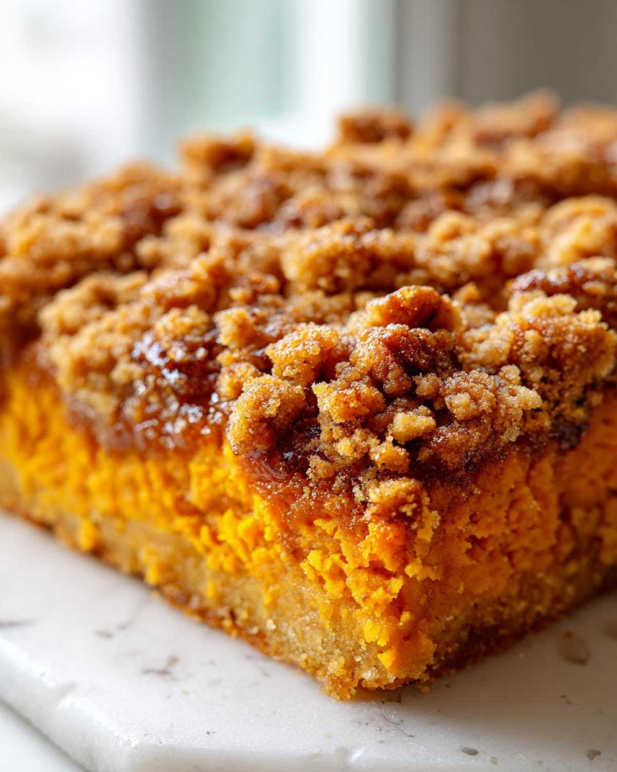 A close-up shot of a square serving of easy sweet potato casserole topped with a thick, brown sugar crumble.