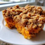 Close-up of a rich, orange slice of easy sweet potato casserole topped with a crunchy brown sugar pecan crumble.