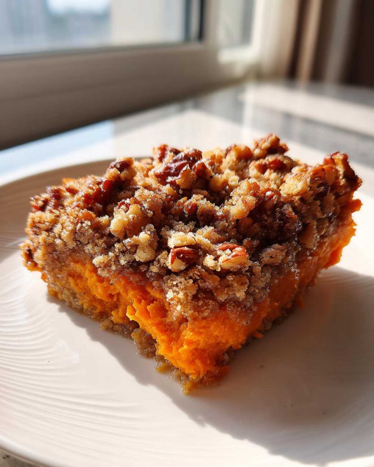 A close-up of a square serving of easy sweet potato casserole topped with a crunchy pecan streusel.