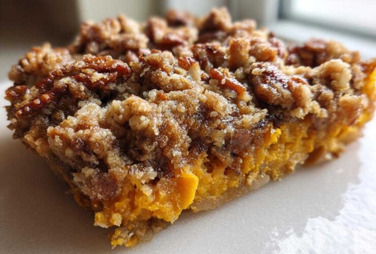 A close-up, macro shot of a single serving of easy sweet potato casserole featuring a bright orange filling and a thick, crunchy pecan crumble topping.