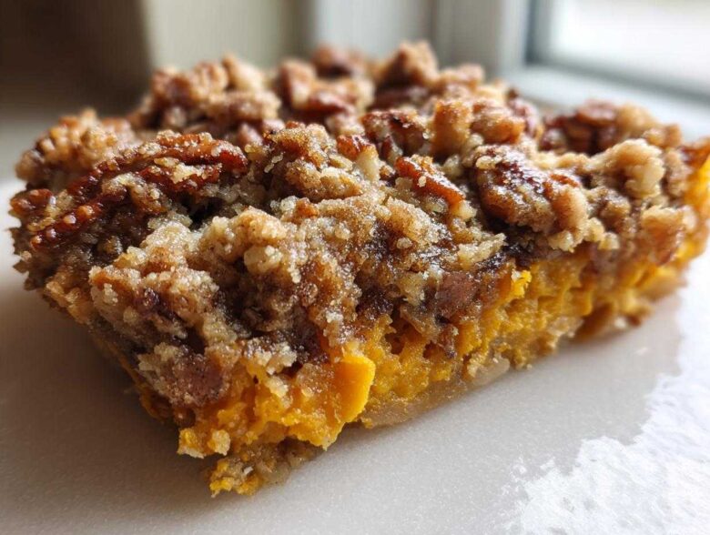 A close-up, macro shot of a single serving of easy sweet potato casserole featuring a bright orange filling and a thick, crunchy pecan crumble topping.