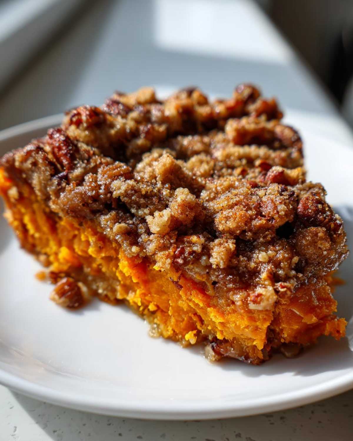 A close-up slice of easy sweet potato casserole featuring bright orange filling and a crunchy pecan streusel topping.