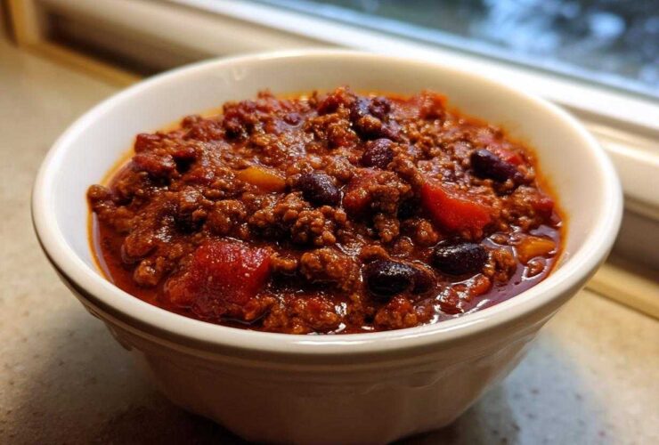 Close-up of a hearty bowl of rich, dark red chili with ground meat and kidney beans, part of the best chili recipe.
