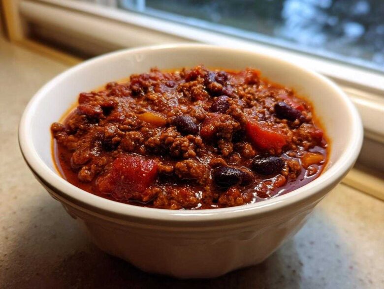 Close-up of a hearty bowl of rich, dark red chili with ground meat and kidney beans, part of the best chili recipe.