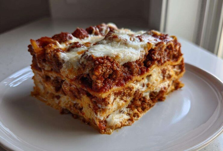 A thick, square slice of homemade lasagna with rich meat sauce and melted white cheese layers.