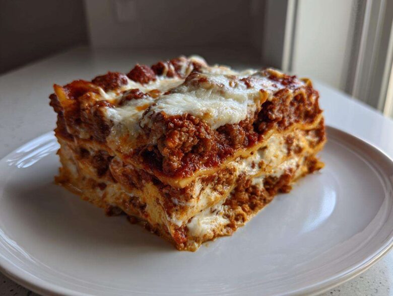 A thick, square slice of homemade lasagna with rich meat sauce and melted white cheese layers.