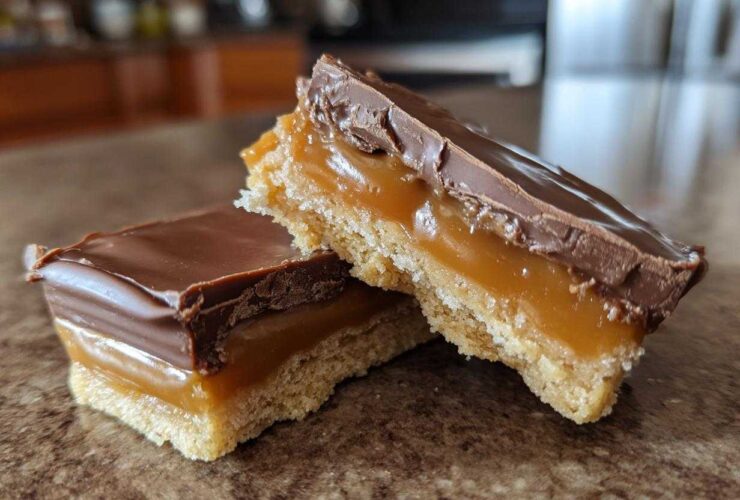 Two decadent squares of homemade twix cookies showing the shortbread base, thick caramel layer, and chocolate topping.
