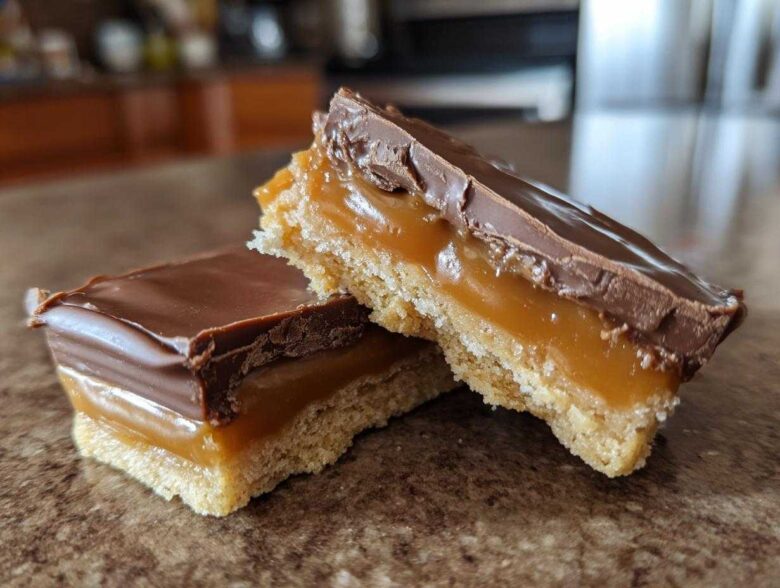 Two decadent squares of homemade twix cookies showing the shortbread base, thick caramel layer, and chocolate topping.