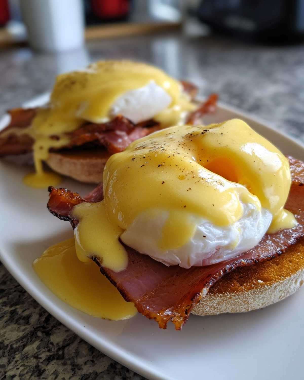 Two servings of classic eggs benedict featuring poached eggs, ham, and thick hollandaise sauce on toasted English muffins.