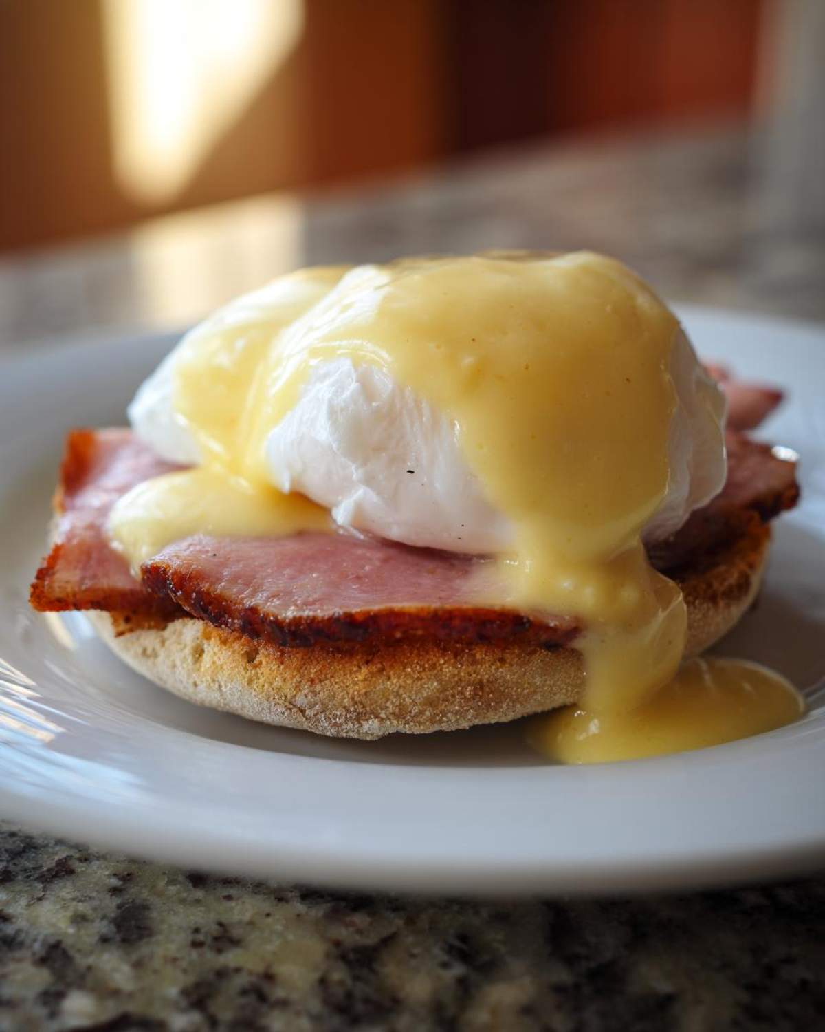 A close-up of a perfect eggs benedict featuring a poached egg, ham, and rich hollandaise sauce on an English muffin.