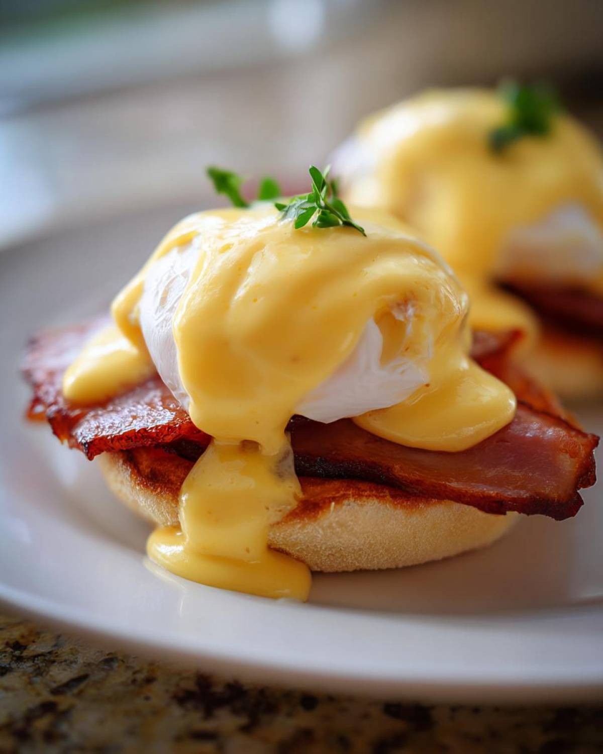 Close-up of a perfectly made eggs benedict featuring a poached egg, crispy bacon, and rich hollandaise sauce.