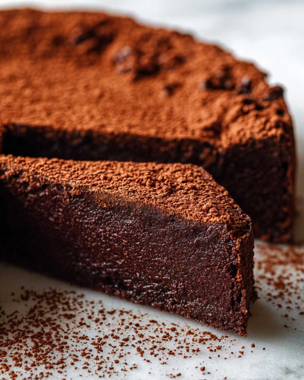 Close-up of a dense slice of flourless chocolate torte dusted heavily with cocoa powder.