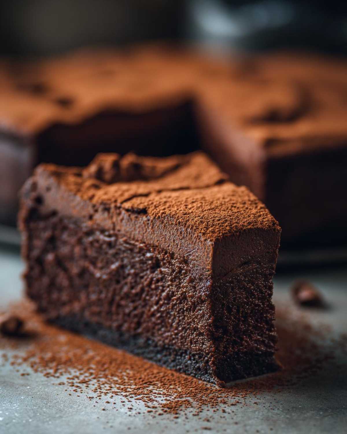 A thick, dark slice of flourless chocolate torte dusted heavily with cocoa powder, sitting on a gray surface.