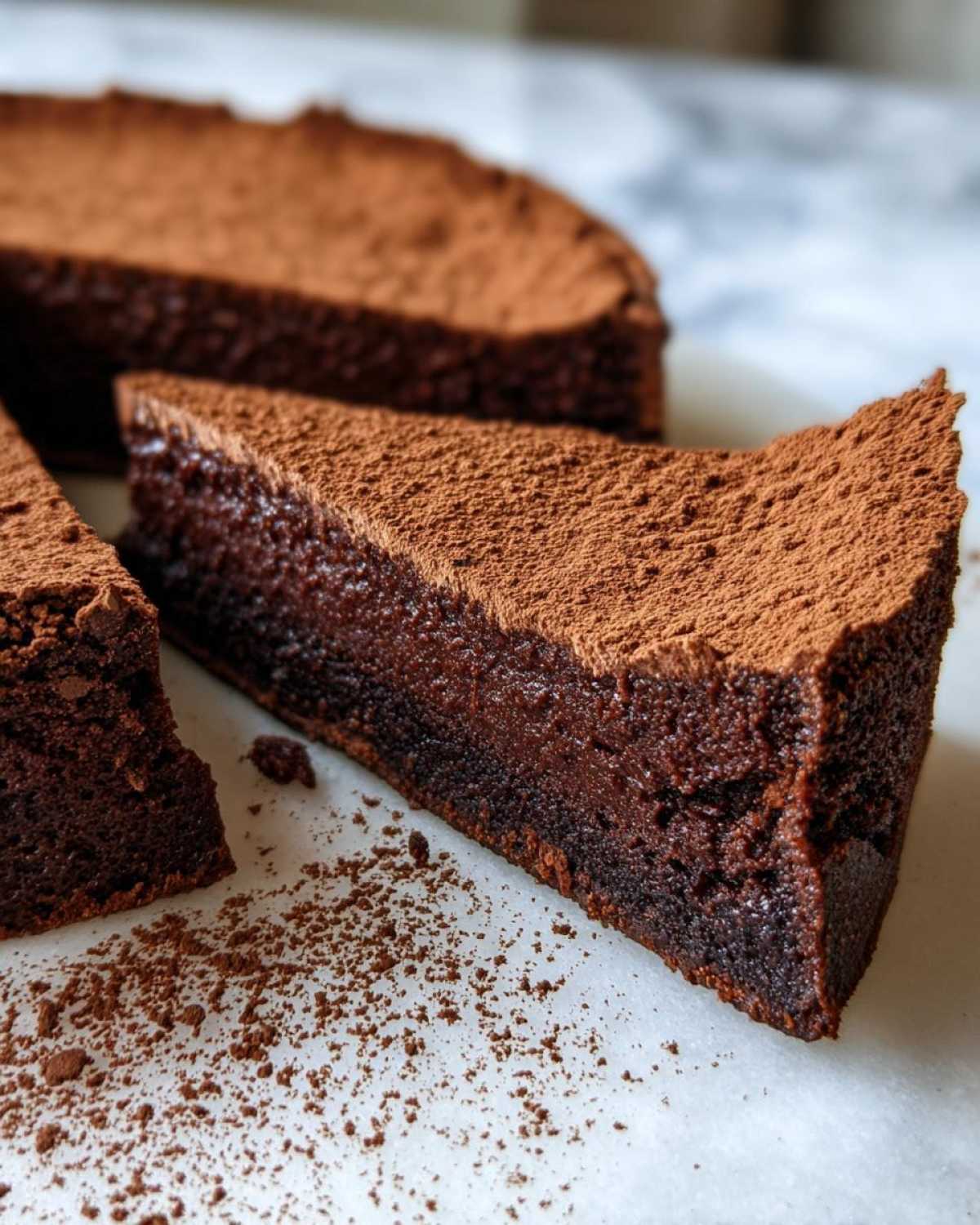 A close-up of a rich, dense slice of flourless chocolate torte dusted heavily with cocoa powder.