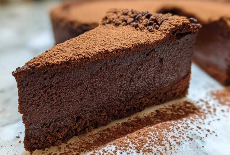 A decadent slice of flourless chocolate torte, rich brown and dusted heavily with cocoa powder.