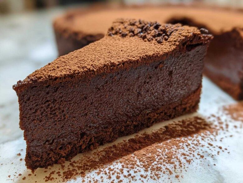 A decadent slice of flourless chocolate torte, rich brown and dusted heavily with cocoa powder.