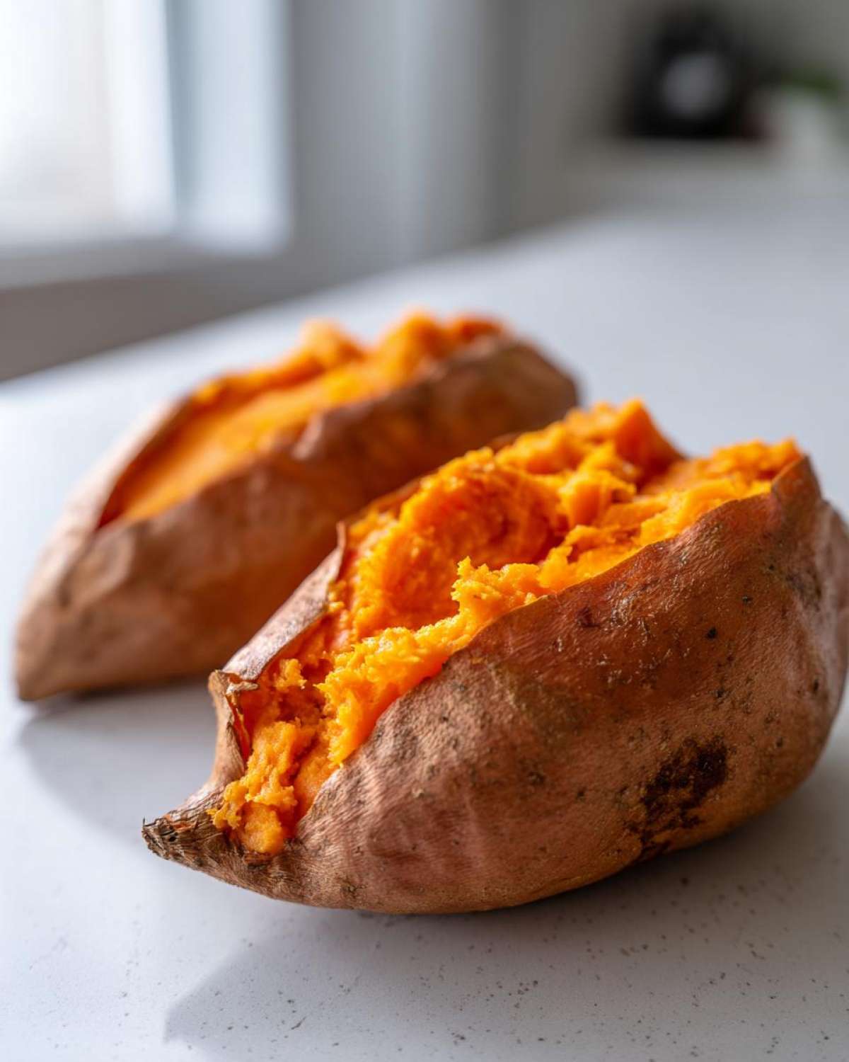 Close-up of a perfectly baked sweet potato cut open, revealing fluffy, bright orange flesh.