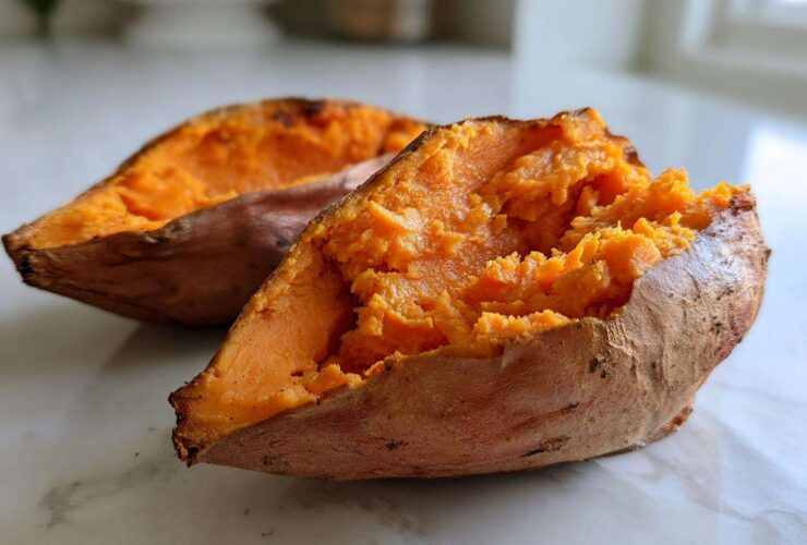 Close-up of a fluffy baked sweet potato split open, revealing bright orange flesh.