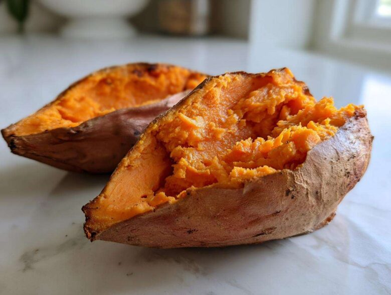 Close-up of a fluffy baked sweet potato split open, revealing bright orange flesh.