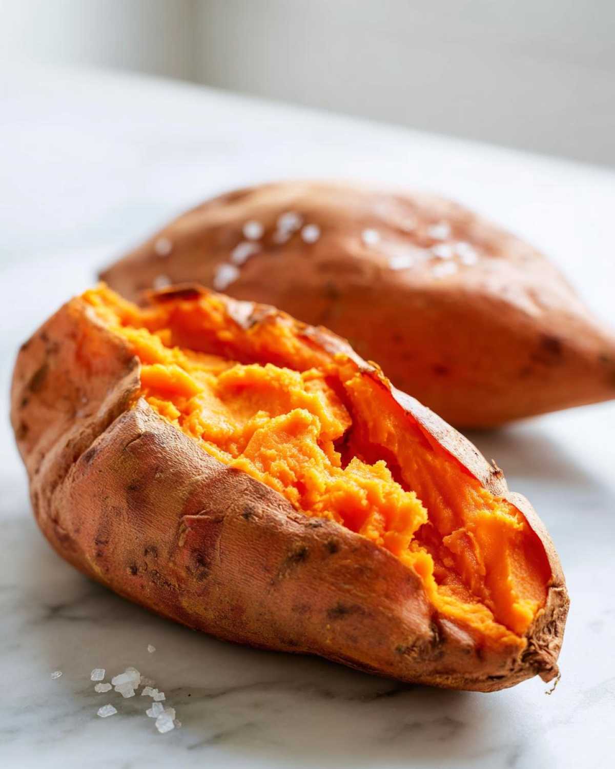 Close-up of a fluffy baked sweet potato split open, showing bright orange interior, with sea salt crystals nearby.