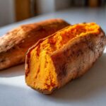 Close-up of a perfectly fluffy baked sweet potato split open, showing bright orange flesh.