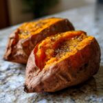 Close-up of two fluffy baked sweet potatoes, split open and seasoned with salt and black pepper.