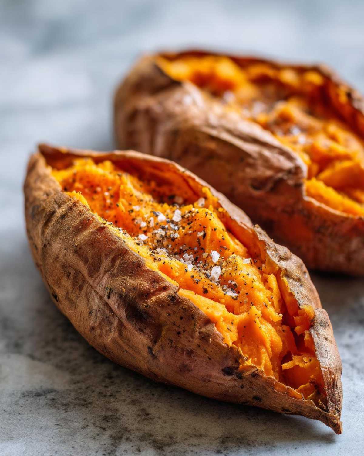 Close-up of fluffy baked sweet potatoes, split open and seasoned with coarse salt and pepper.