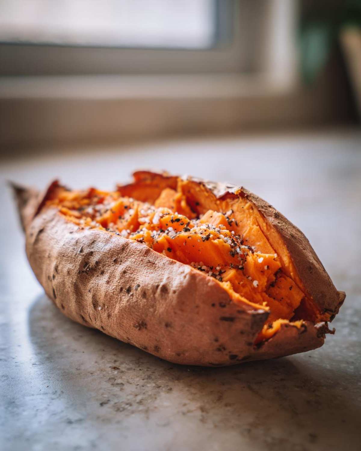 A close-up of a perfectly baked sweet potatoes, split open and seasoned with coarse salt and pepper.