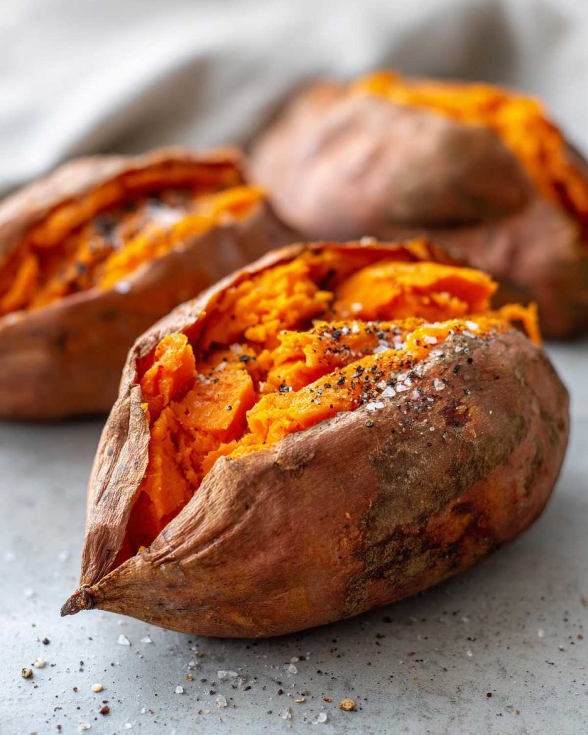 Close-up of a fluffy baked sweet potatoes, split open and seasoned with coarse salt and black pepper.