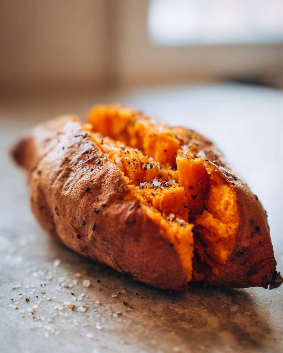 Close-up of a fluffy baked sweet potatoes split open and seasoned with coarse salt and black pepper.