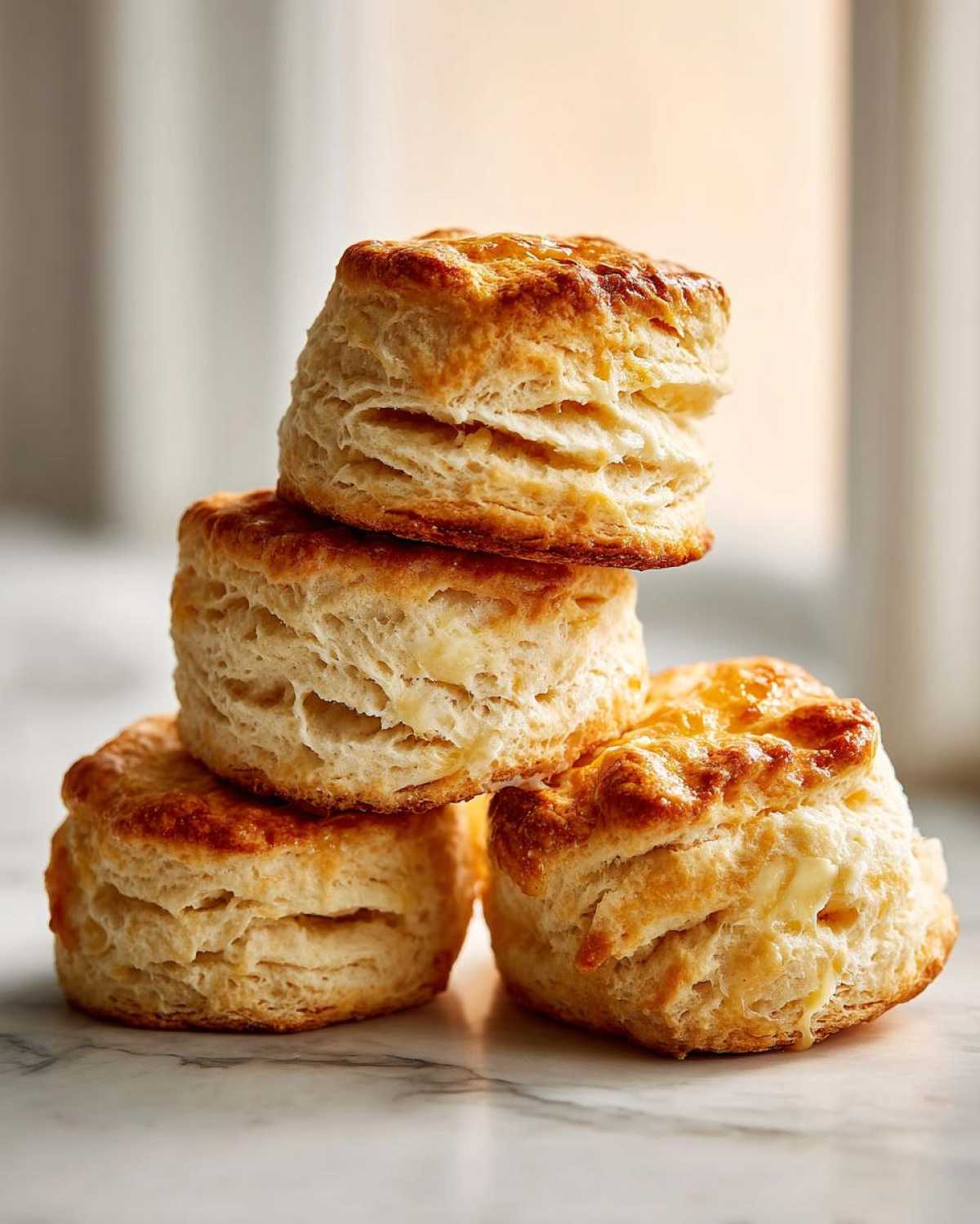 A stack of three golden brown, flaky buttermilk biscuits resting on a marble surface.