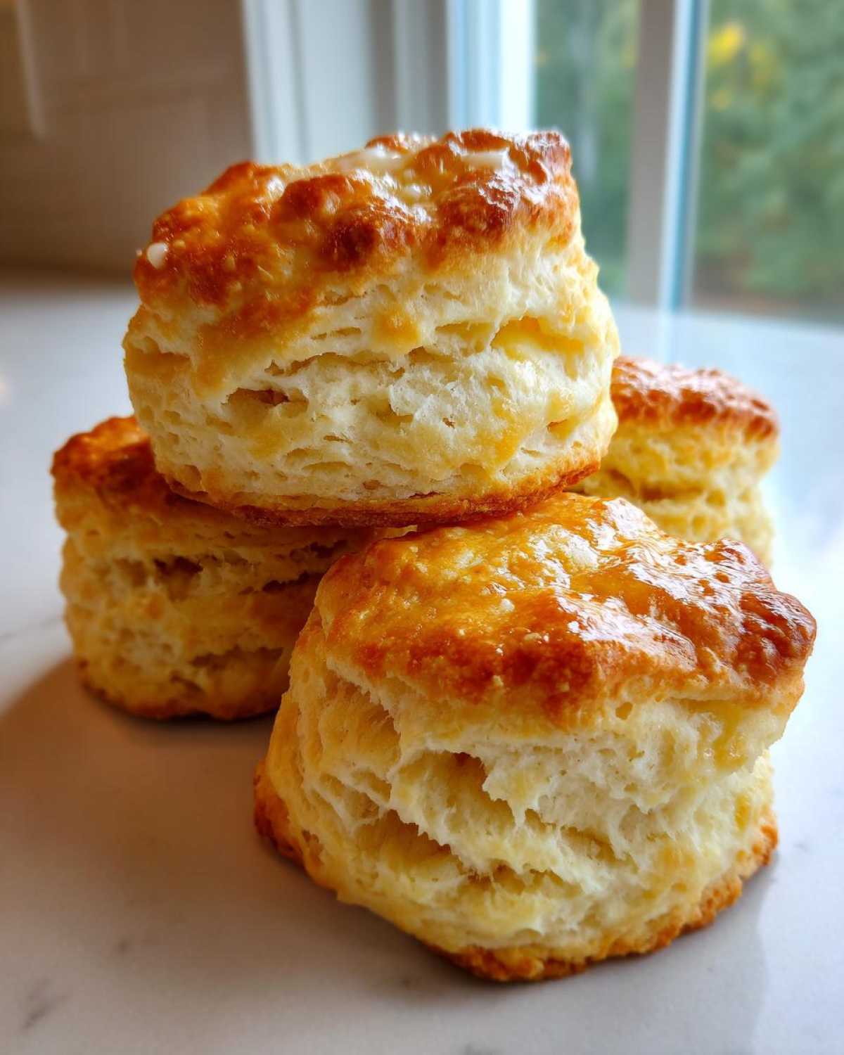 A stack of four golden brown, flaky buttermilk biscuits with a shiny glaze on top.