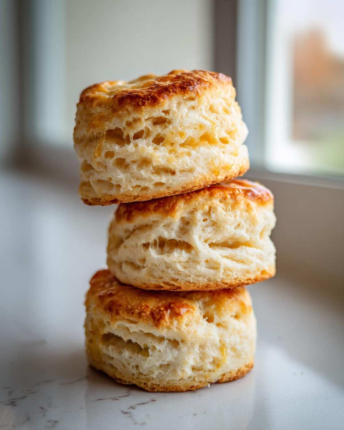 A vertical stack of three fluffy buttermilk biscuits showing flaky layers and golden brown tops.