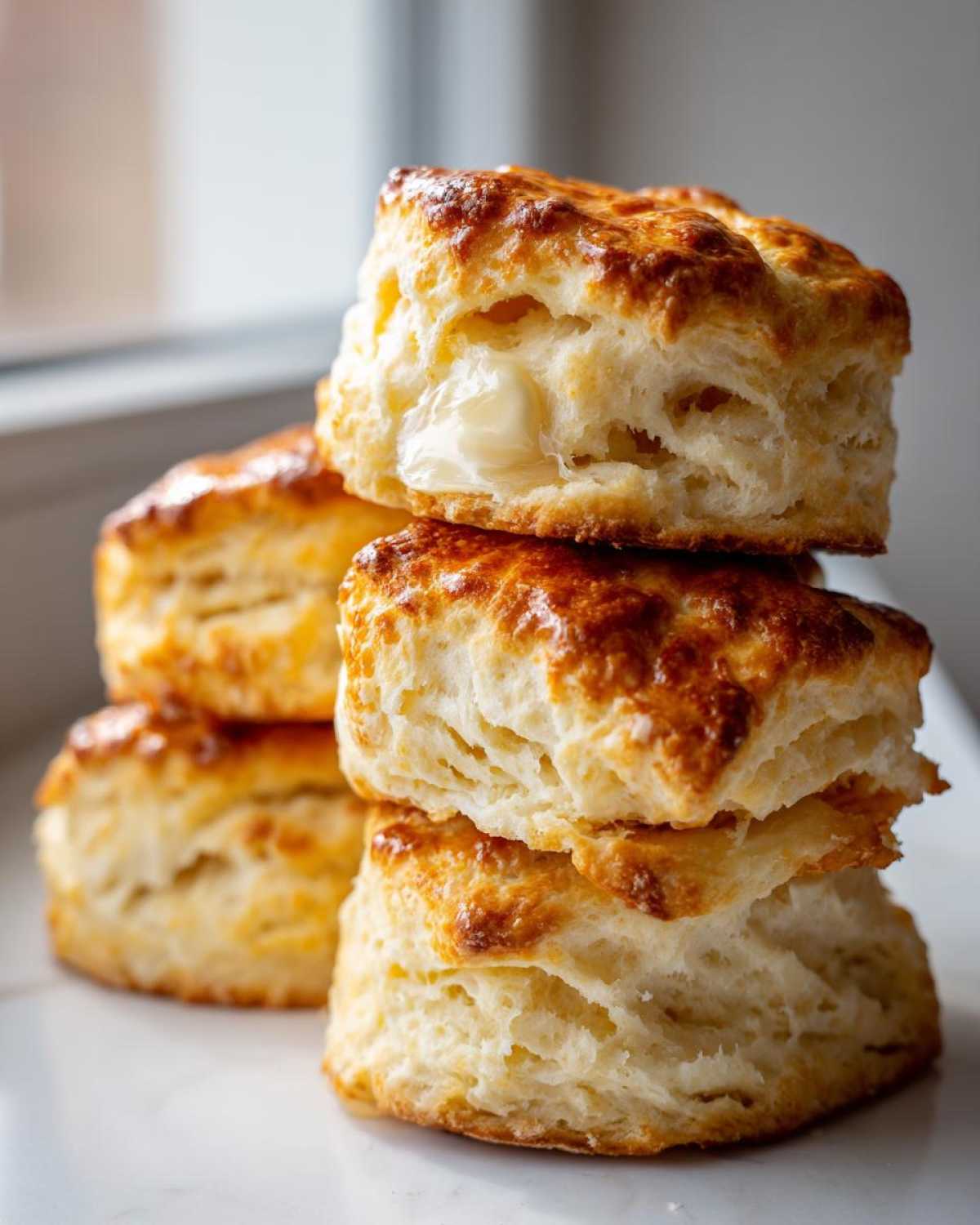 A stack of four fluffy, golden-brown buttermilk biscuits showing flaky layers and melted butter.