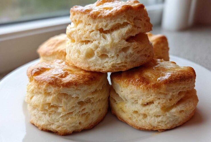 A stack of four golden-brown, flaky buttermilk biscuits drizzled with a light glaze, sitting on a white plate.