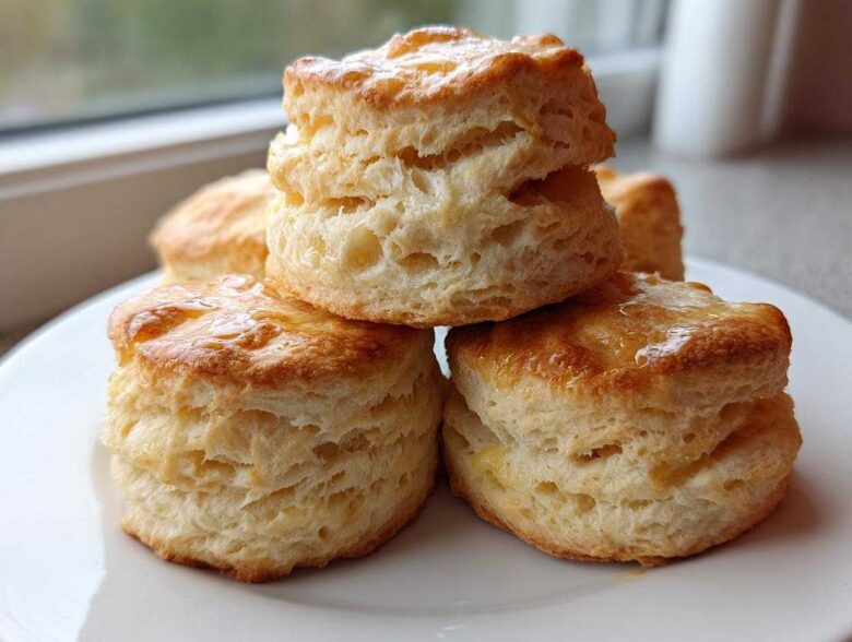 A stack of four golden-brown, flaky buttermilk biscuits drizzled with a light glaze, sitting on a white plate.