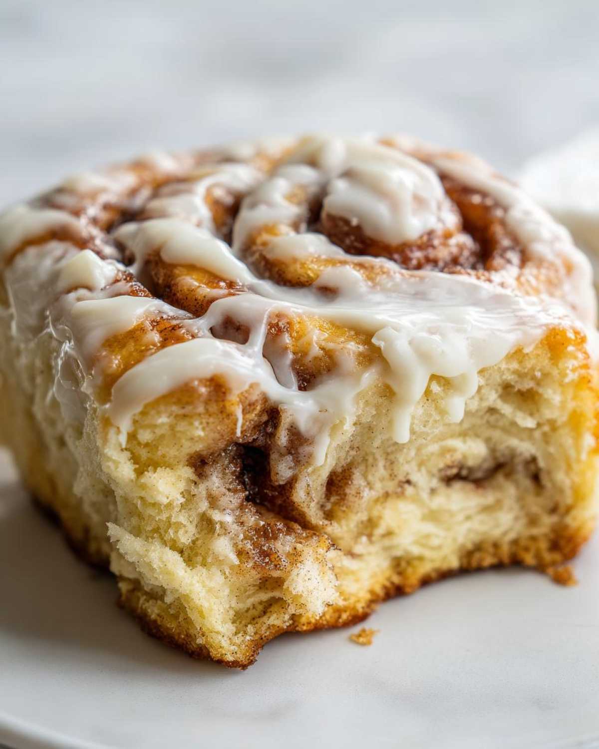 Close-up of a soft, fluffy cinnamon roll with rich cinnamon swirl and thick white icing, showing a bite taken out.