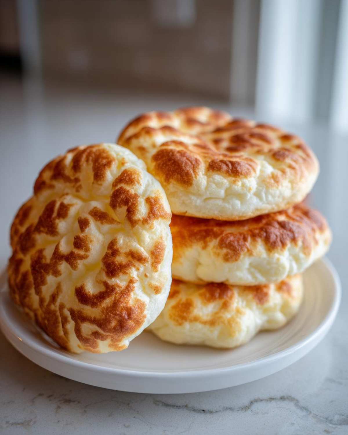 Four golden brown, fluffy rounds of cloud bread stacked on a white plate.