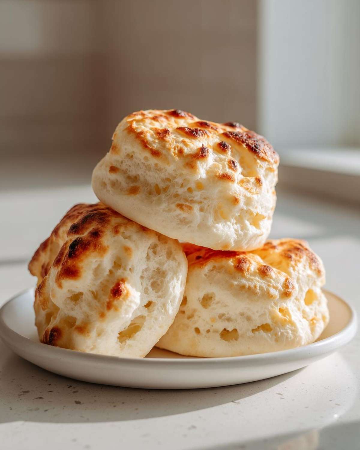 A stack of three golden-brown, airy cloud bread pieces resting on a small white plate.