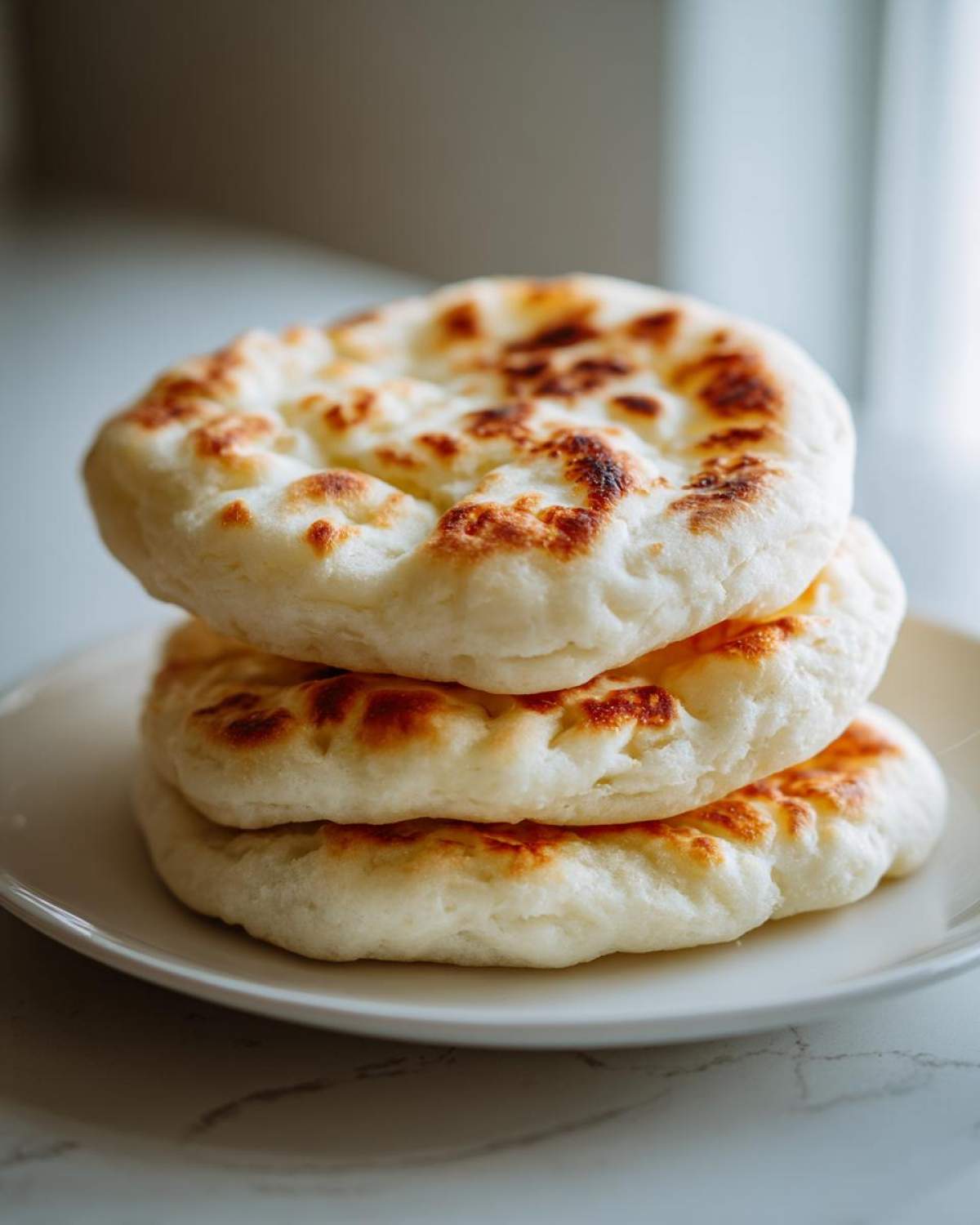 A stack of three golden-brown, fluffy cloud bread rounds resting on a white plate.