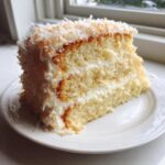 A moist slice of fluffy coconut cake layered with white frosting and topped with toasted coconut flakes.