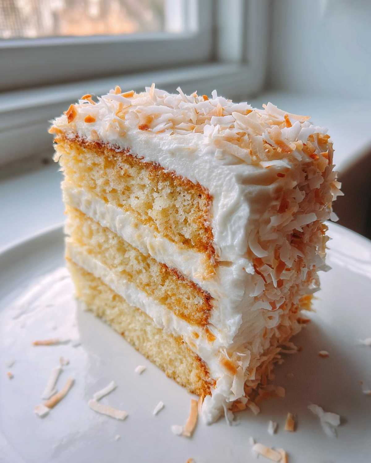 A tall, three-layer slice of fluffy coconut cake with white frosting and toasted coconut flakes.