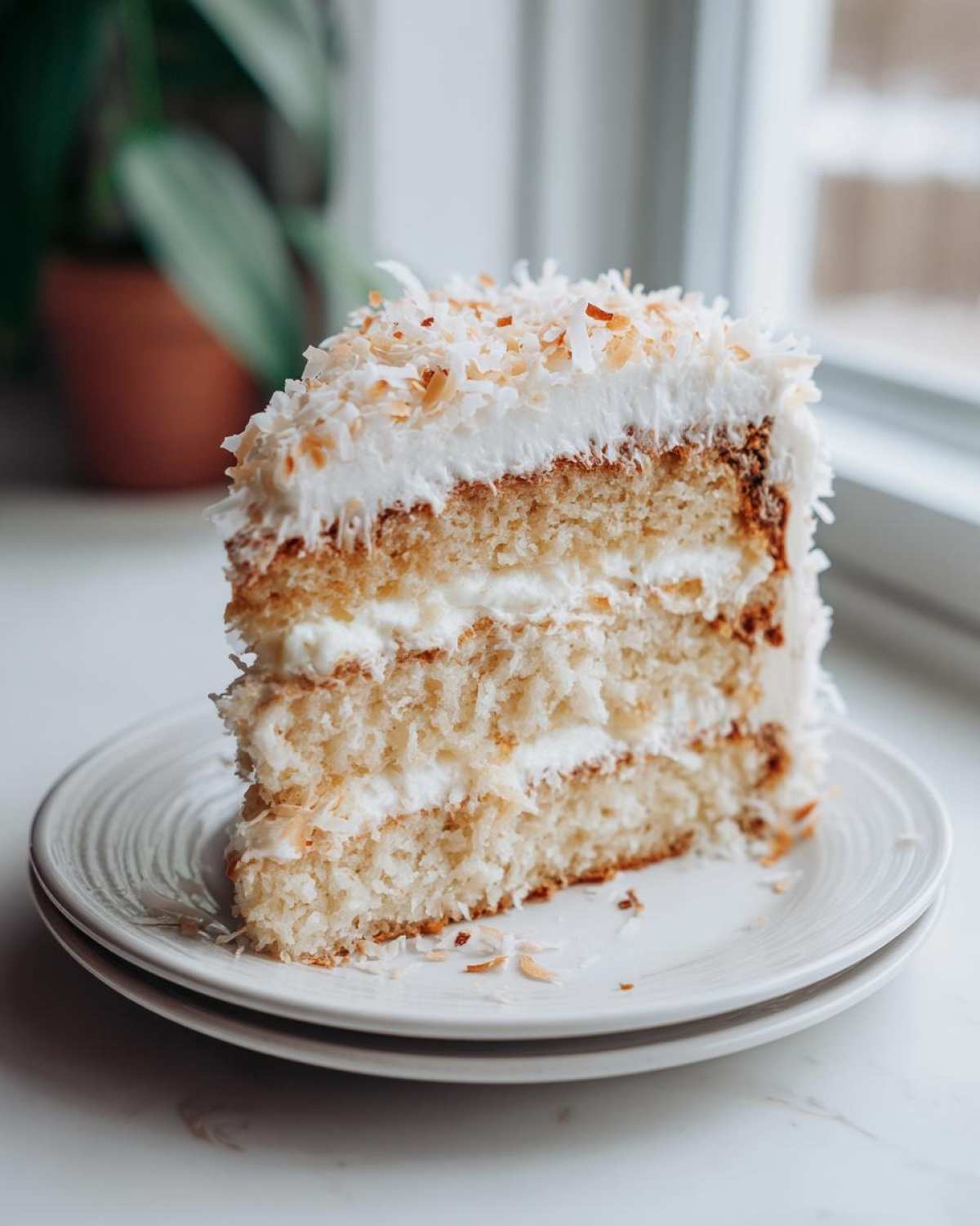 A tall, fluffy slice of layered coconut cake with white frosting and toasted coconut flakes on top.