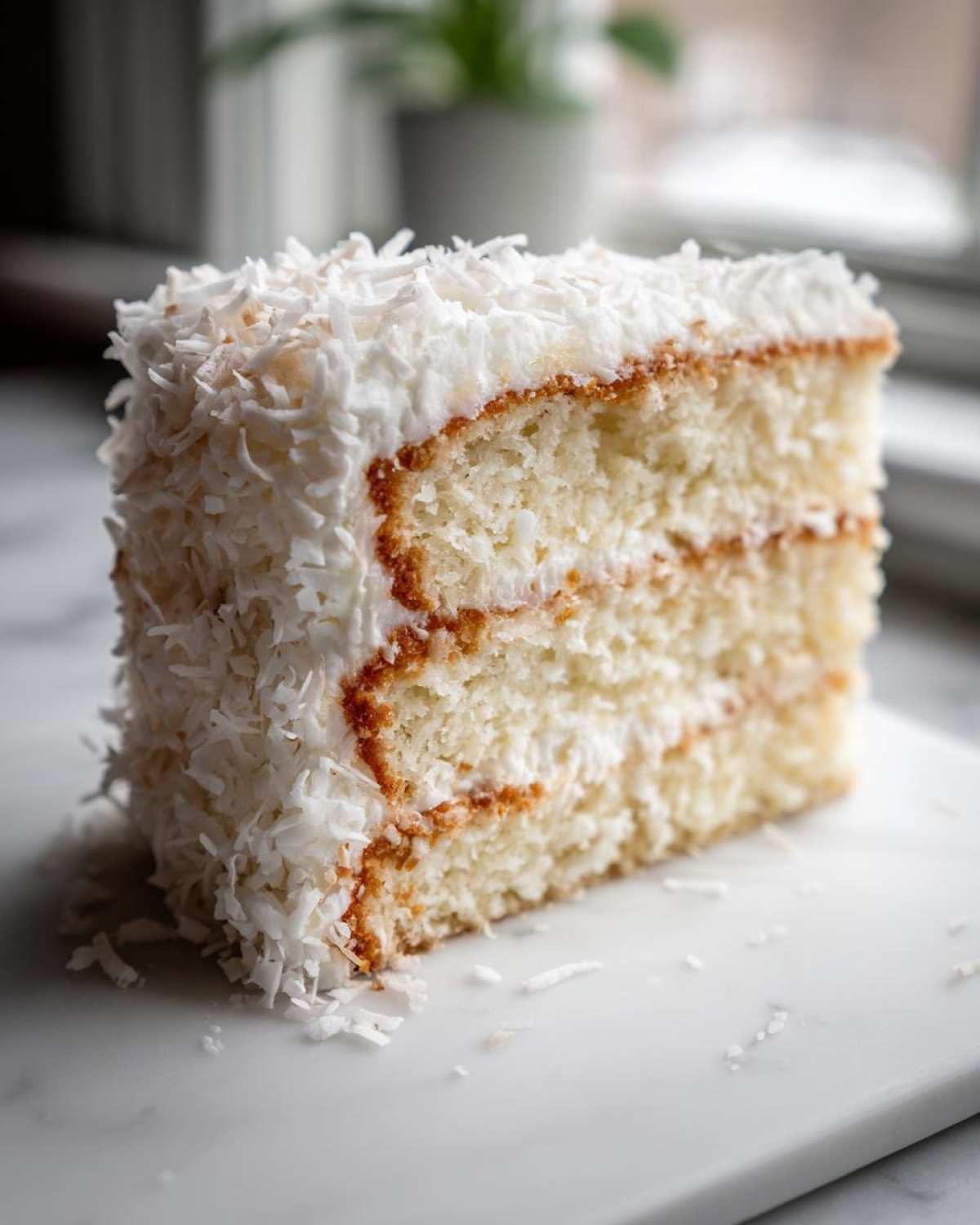 A moist slice of fluffy coconut cake layered with frosting and covered in shredded coconut.