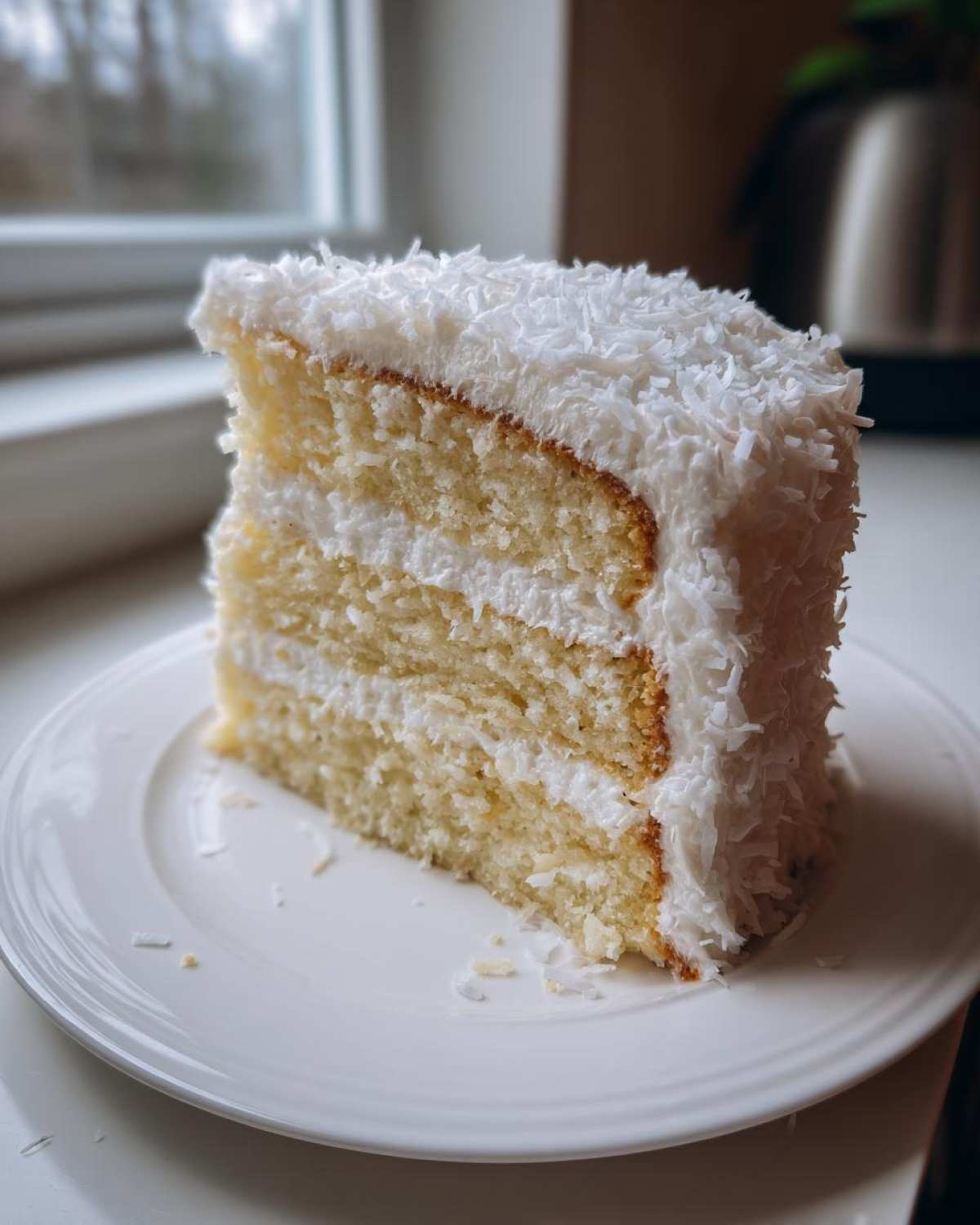 A moist slice of layered coconut cake covered in white frosting and shredded coconut flakes.