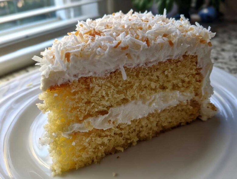 Close-up of a moist slice of layered coconut cake with white frosting and toasted coconut flakes.