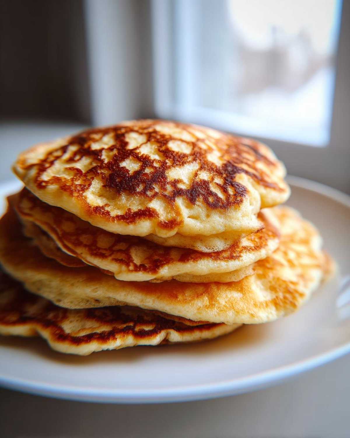 A close-up stack of four fluffy coconut flour pancakes with golden-brown, lacy tops.