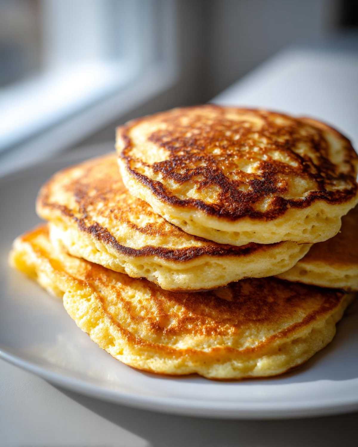 A close-up stack of three golden brown, fluffy coconut flour pancakes on a white plate.